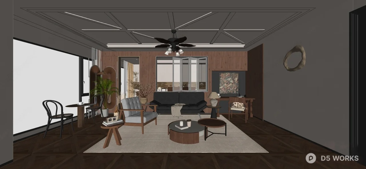Warm Wooden Living Room with Leather Sofa 3d model thumbnail 2