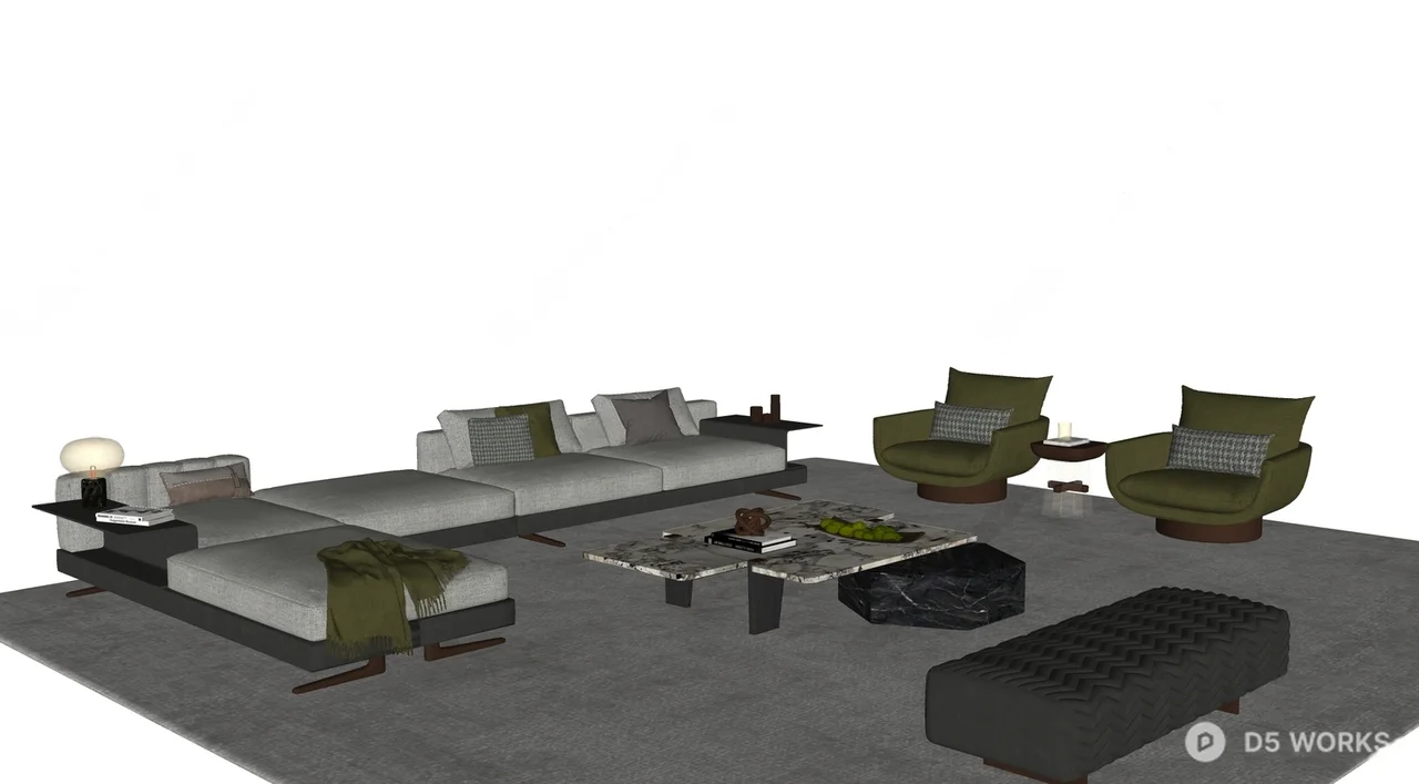 Modular Sectional Sofa With Green Accent Chairs 3d model thumbnail 2