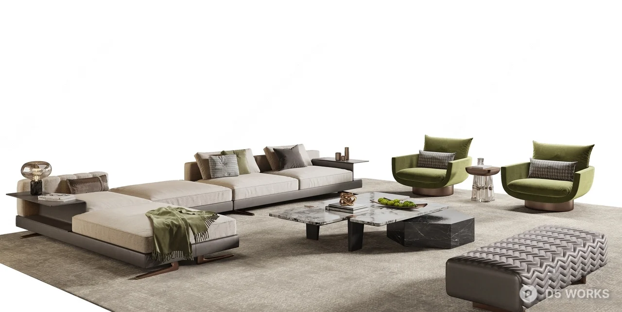 Modular Sectional Sofa With Green Accent Chairs 3d model - Image 1