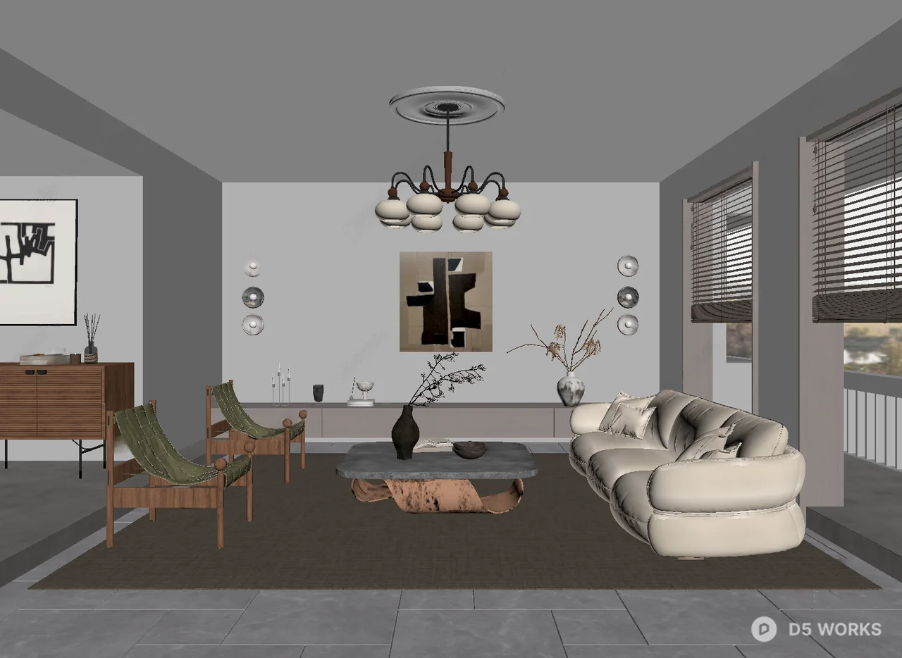 Minimalist Living Room with Curved Sofa and Wooden Accents 3d model thumbnail 2