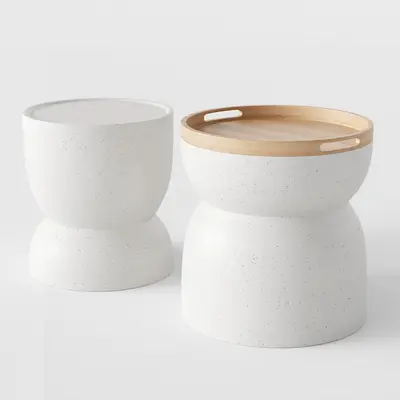 Minimalist Speckled Ceramic Side Table With Wooden Tray 3d model
