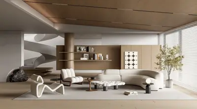 Minimalist Villa Living Room with Curved Sofa 3d model
