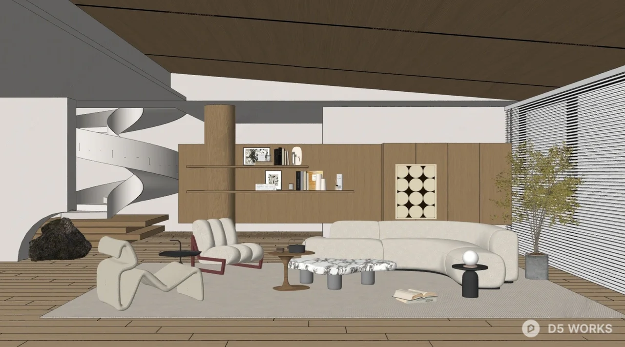 Minimalist Villa Living Room with Curved Sofa 3d model thumbnail 2