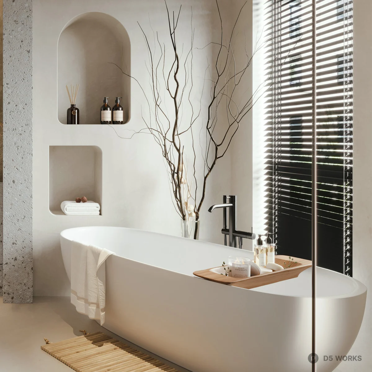 Minimalist Bathroom With Freestanding Bathtub And Concrete Accent 3d model thumbnail 3