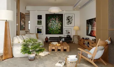 Mid Century Modern Living Room with Art Wall 3d model