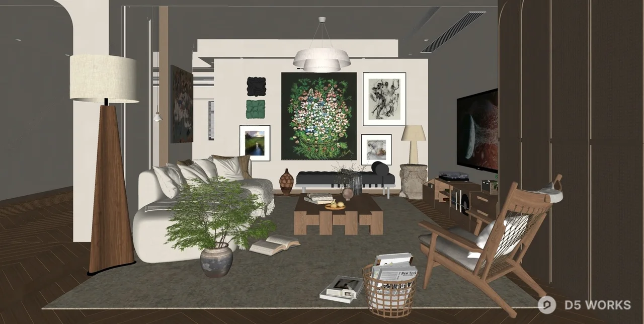 Mid Century Modern Living Room with Art Wall 3d model thumbnail 2