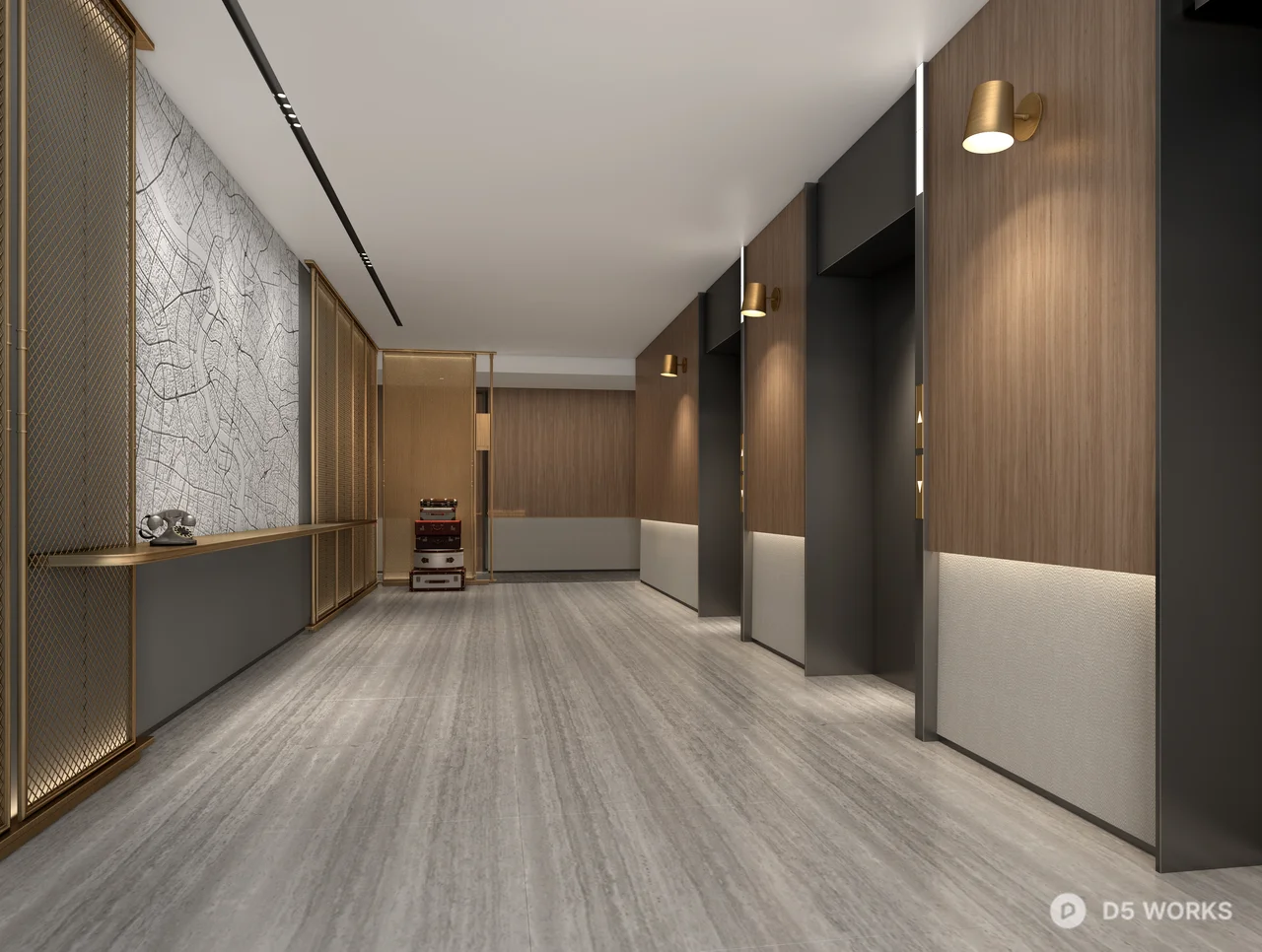 Modern Hotel Corridor with Wooden Panels 3d model thumbnail 2