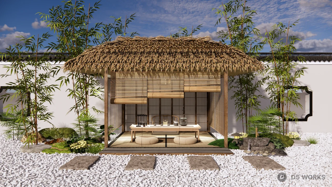 Thatched Roof Pavilion In Zen Garden 3d model thumbnail 4