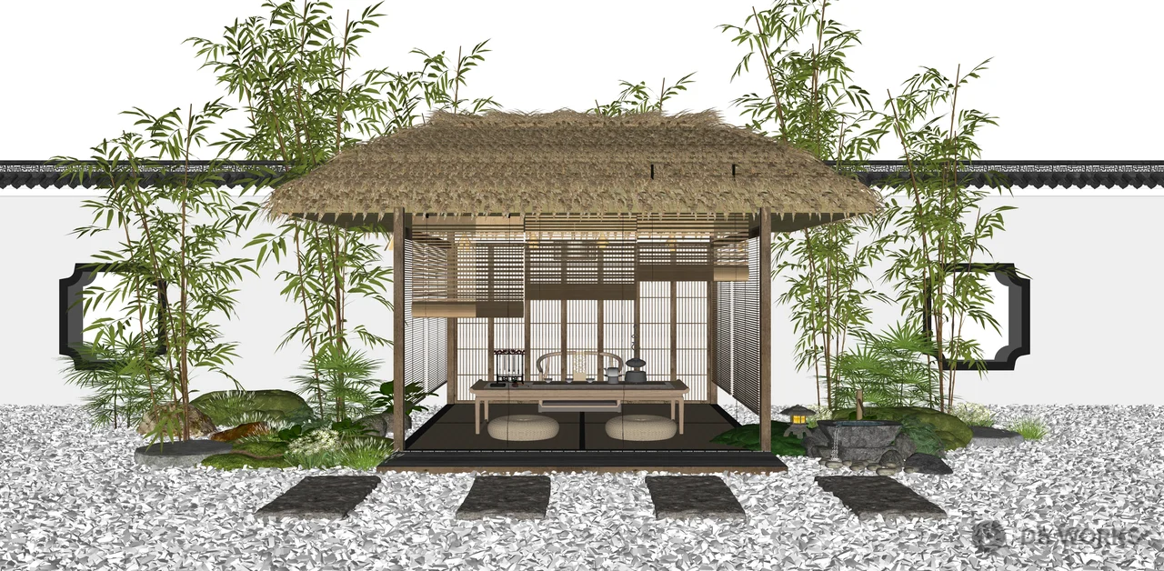 Thatched Roof Pavilion In Zen Garden 3d model thumbnail 2