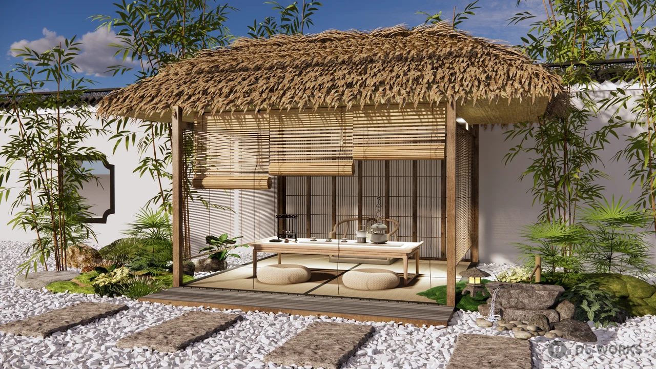 Thatched Roof Pavilion In Zen Garden 3d model thumbnail 5