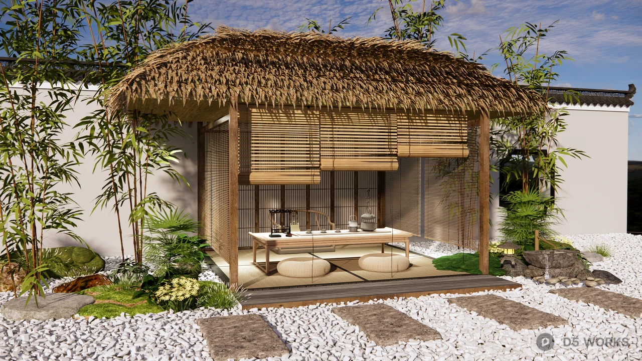 Thatched Roof Pavilion In Zen Garden 3d model - Image 1