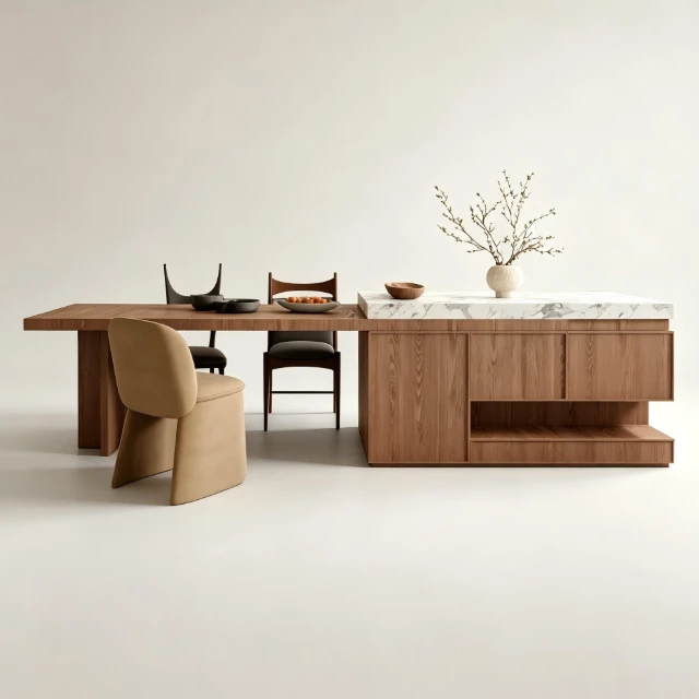 Modern Minimalist Oak Kitchen Island and Dining Set 3d model