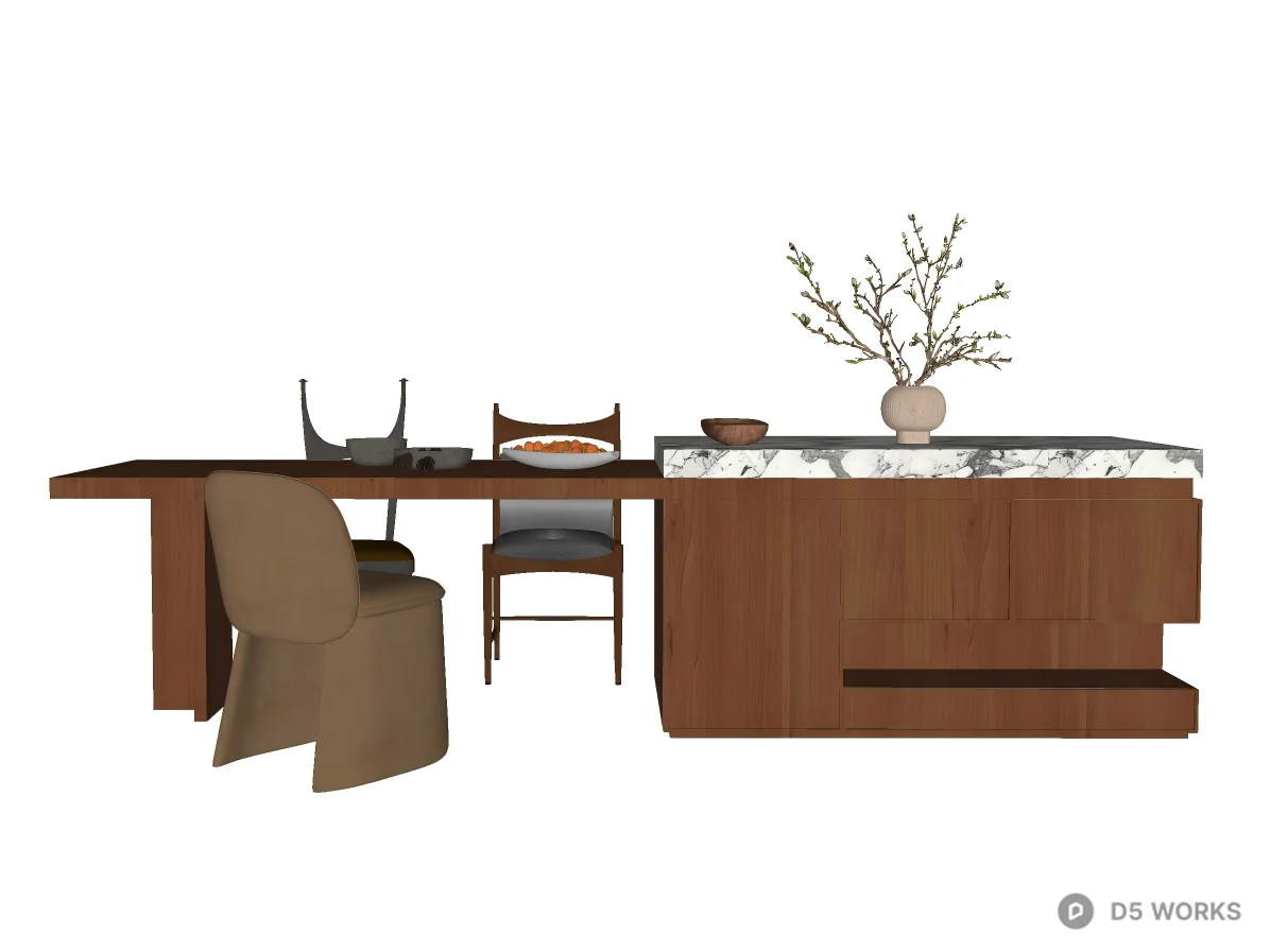 Modern Minimalist Oak Kitchen Island and Dining Set 3d model thumbnail 2