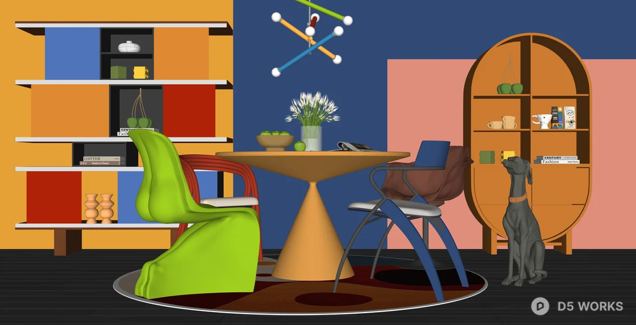 Vibrant Memphis Style Dining Room Interior Set 3d model thumbnail 2
