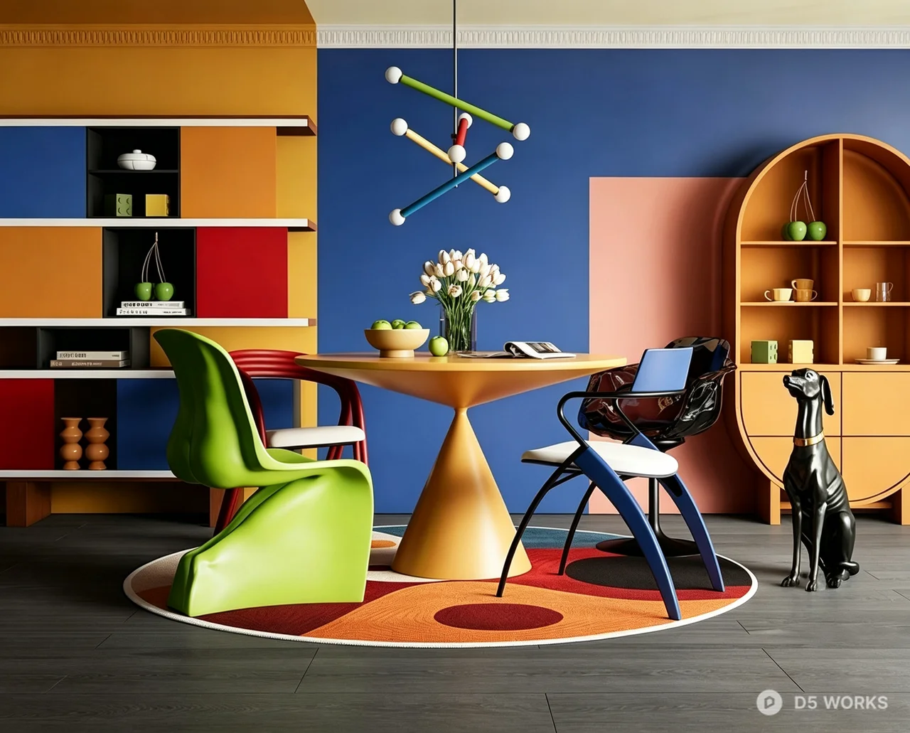 Vibrant Memphis Style Dining Room Interior Set 3d model - Image 1