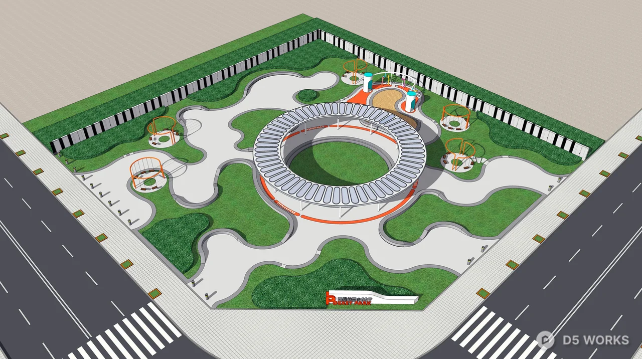 Modern Urban Park With Circular Plaza And Play Zones 3d model thumbnail 4