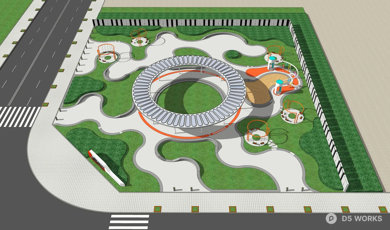Modern Urban Park With Circular Plaza And Play Zones 3d model thumbnail 3