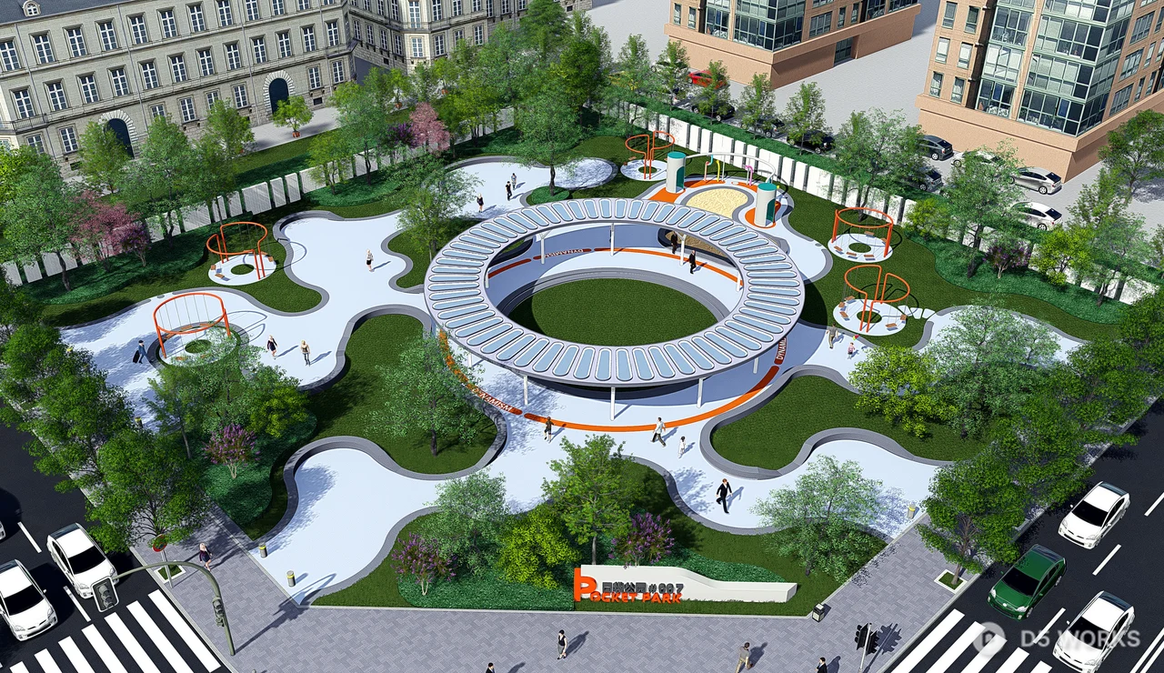 Modern Urban Park With Circular Plaza And Play Zones 3d model thumbnail 2