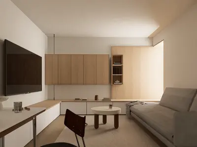 Minimalist Living Room with Wooden Cabinets 3d model