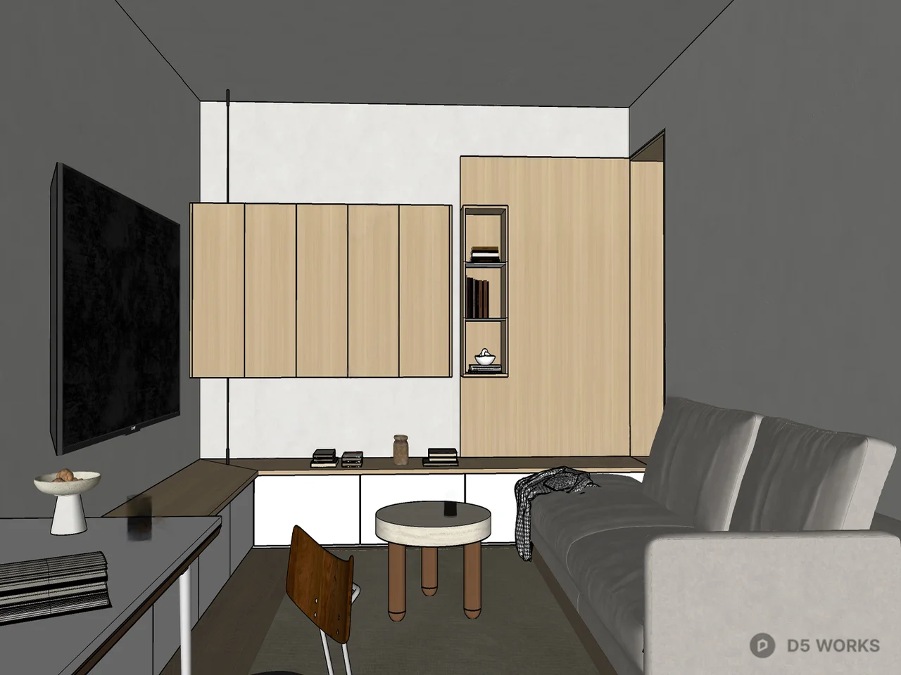 Minimalist Living Room with Wooden Cabinets 3d model thumbnail 2
