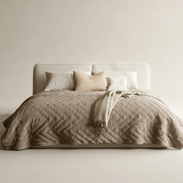 Minimalist Neutral Upholstered Bed with Textured Linens 3d model