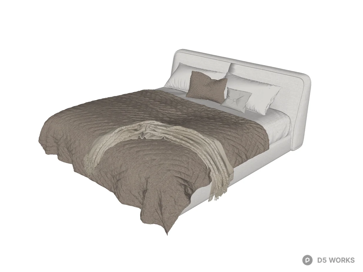 Minimalist Neutral Upholstered Bed with Textured Linens 3d model thumbnail 2