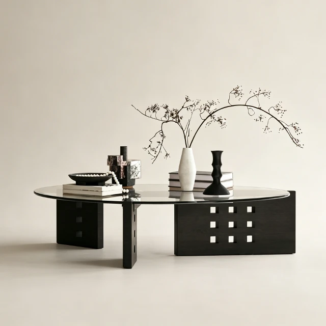 Modern Brutalist Glass and Dark Wood Coffee Table 3d model