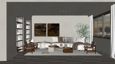 Minimalist Living Room with Art Wall and Wooden Chairs 3d model
