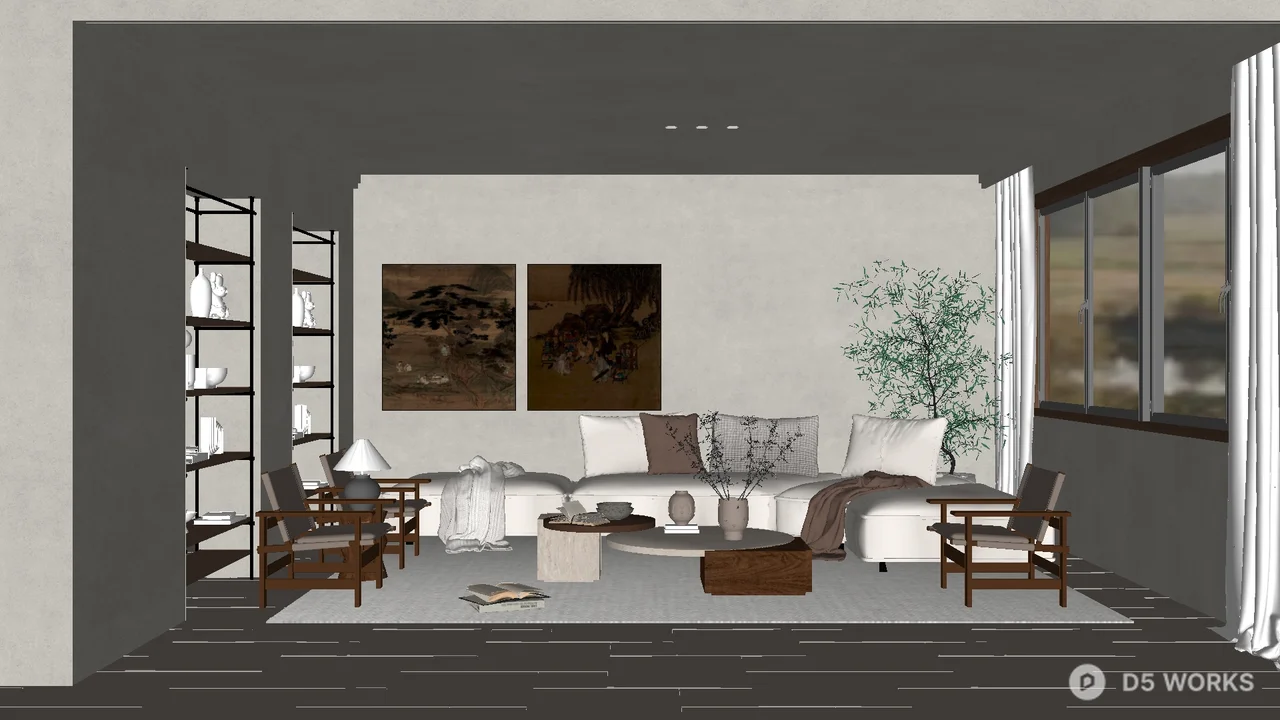 Minimalist Living Room with Art Wall and Wooden Chairs 3d model - Image 1