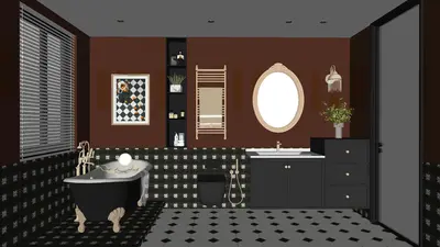 Classic Dark Brown Bathroom With Clawfoot Tub 3d model