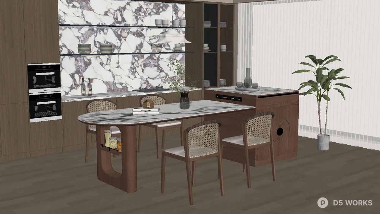 Free Modern Dining Room with Marble Table and Woven Chairs 3D Model .skp