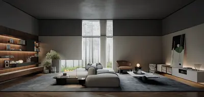 Minimalist Villa Living Room with Floor-to-Ceiling Windows 3d model