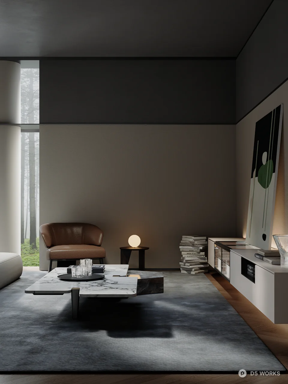 Minimalist Villa Living Room with Floor-to-Ceiling Windows 3d model thumbnail 3
