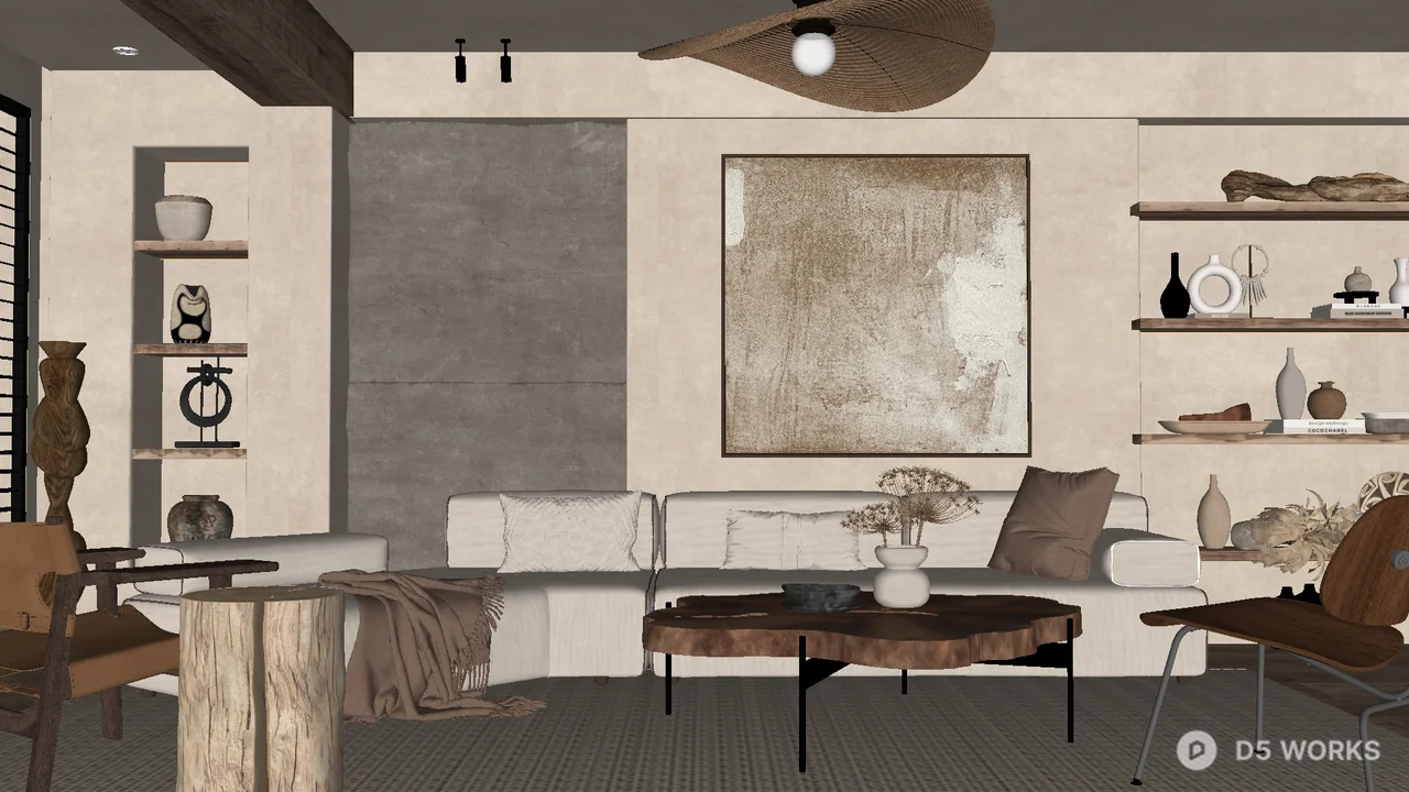 Minimalist Living Room with Concrete Accent Wall 3d model - Image 1