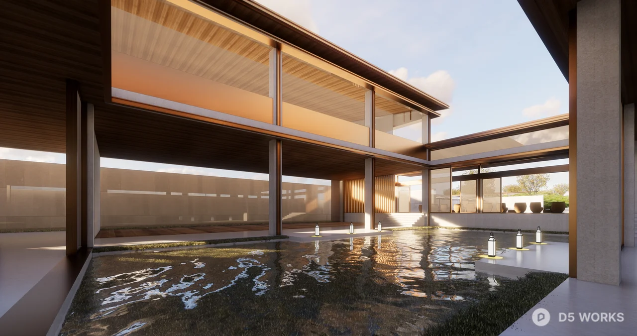 Modern Villa Courtyard With Minimalist Pavilion And Water-Reflective Paving 3d model thumbnail 2