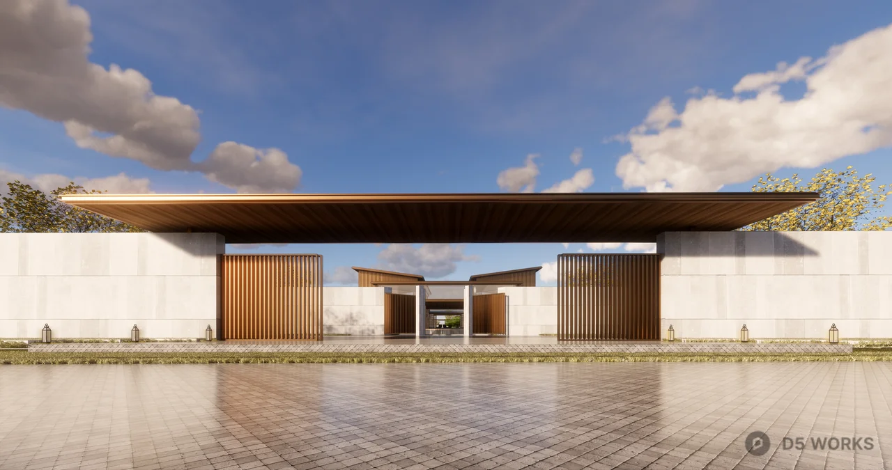 Modern Villa Courtyard With Minimalist Pavilion And Water-Reflective Paving 3d model - Image 1