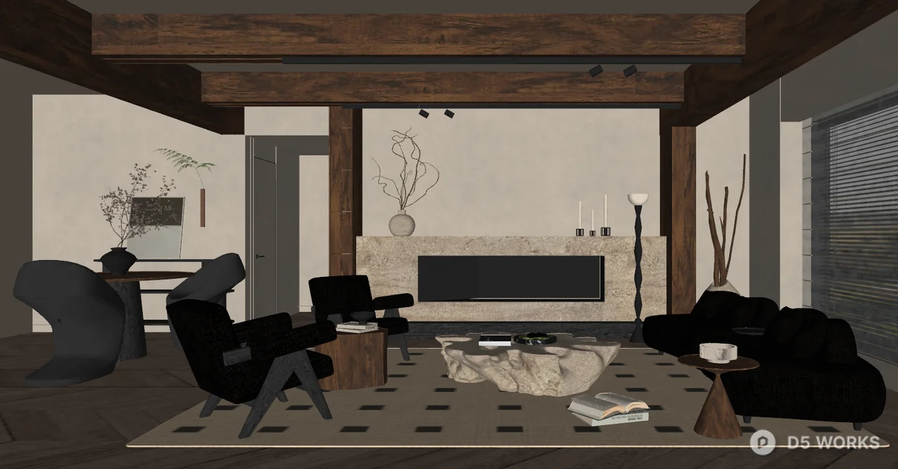 Wabi Sabi Living Room With Wooden Beams 3d model thumbnail 2
