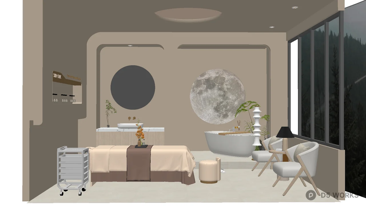 Minimalist Spa Treatment Room with Moon Wall Art 3d model - Image 1