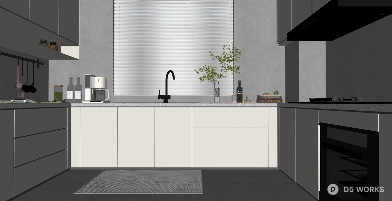 Modern Minimalist U-Shaped Kitchen Interior Scene 3d model thumbnail 2