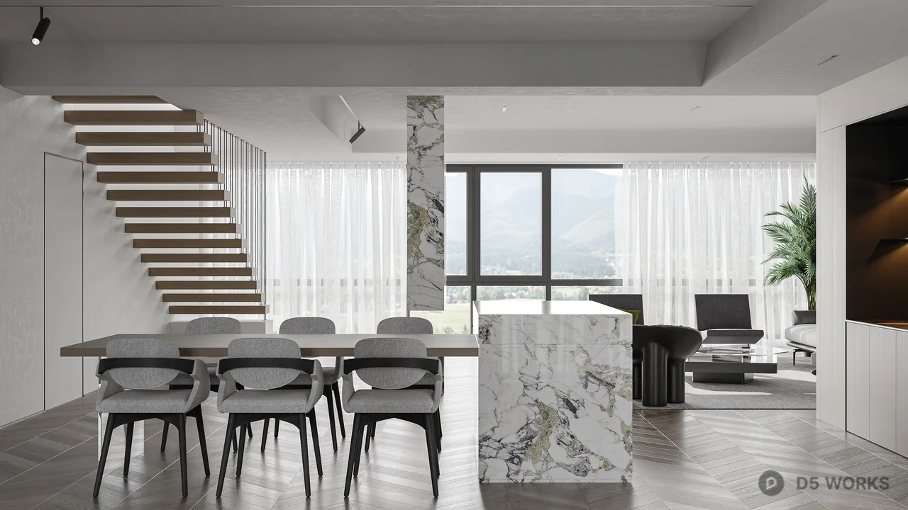 Modern Minimalist Living Dining Space 3d model thumbnail 6