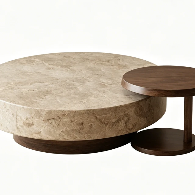 Modern Travertine and Walnut Nesting Coffee Table Set 3d model