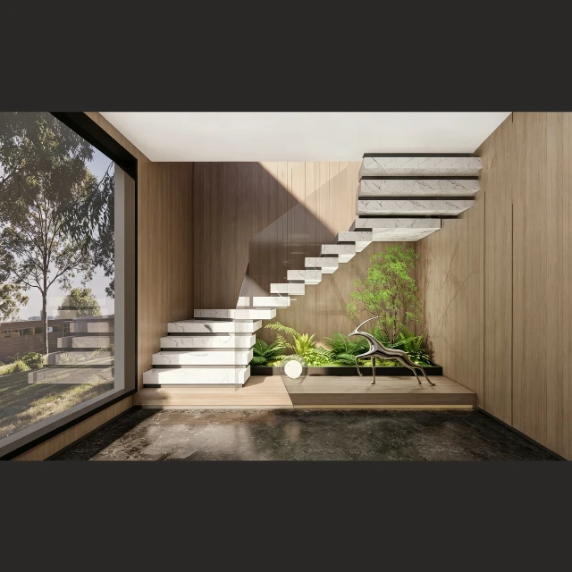 Modern Floating Marble Staircase with Indoor Garden 3d model