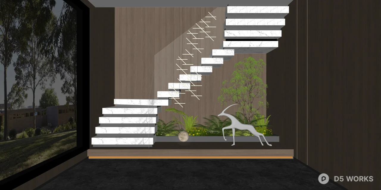 Modern Floating Marble Staircase with Indoor Garden 3d model thumbnail 2