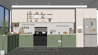 Minimalist Closed Kitchen with Green Cabinetry 3d model