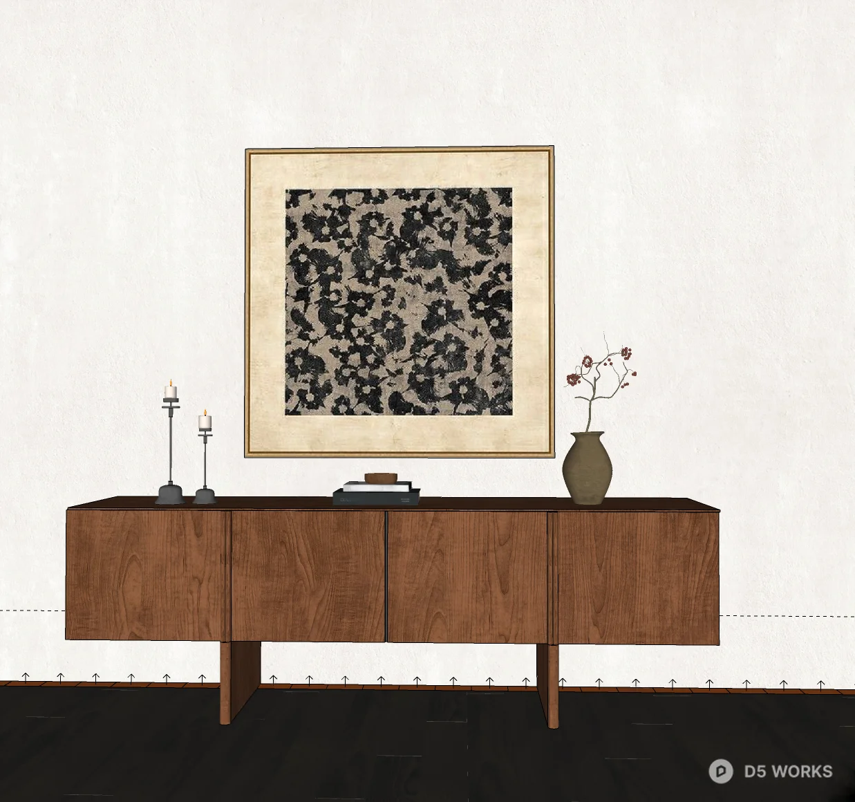 Mid Century Modern Solid Wood Sideboard Scene 3d model thumbnail 2