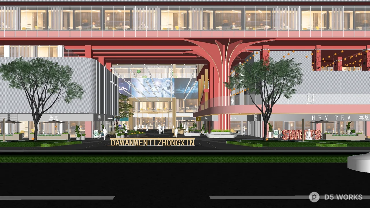 Commercial Street Landscape with Red Structural Canopy 3d model - Image 1