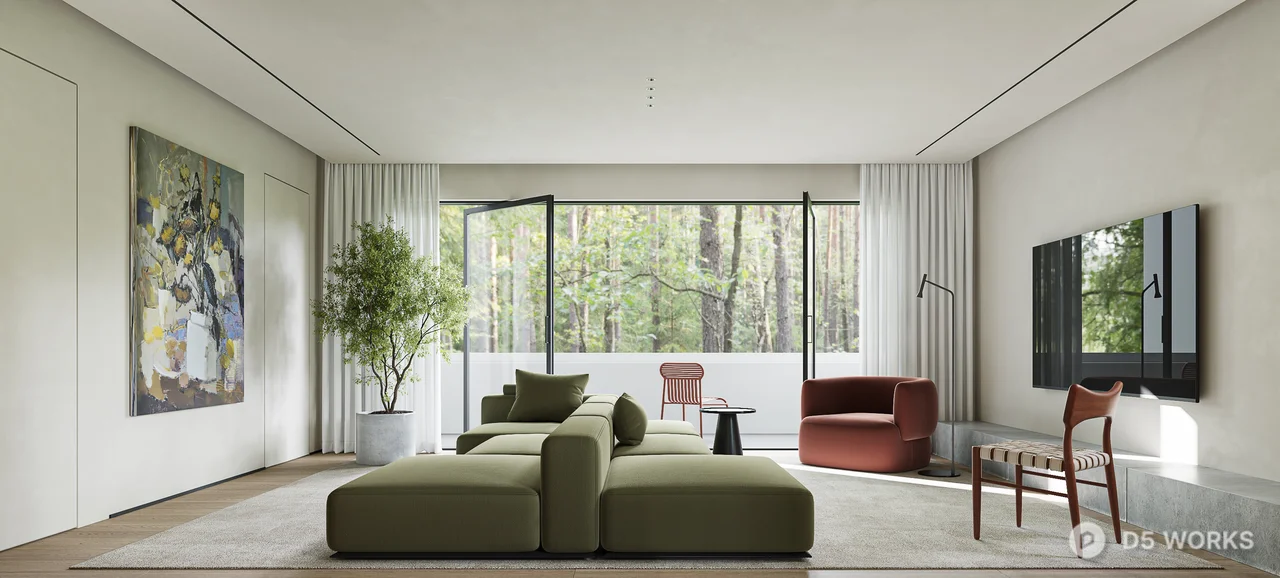 Minimalist Living Dining Space with Green Sofa 3d model - Image 1