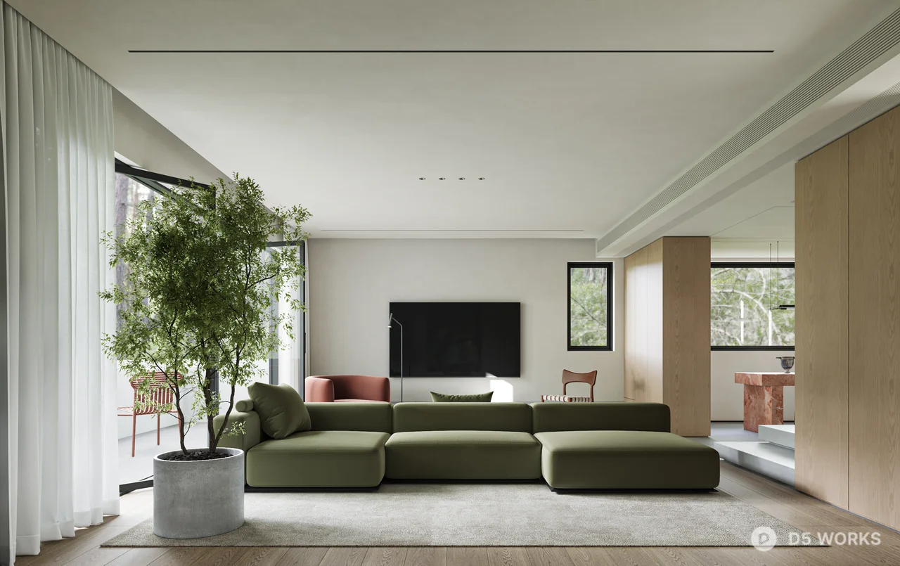 Minimalist Living Dining Space with Green Sofa 3d model thumbnail 2