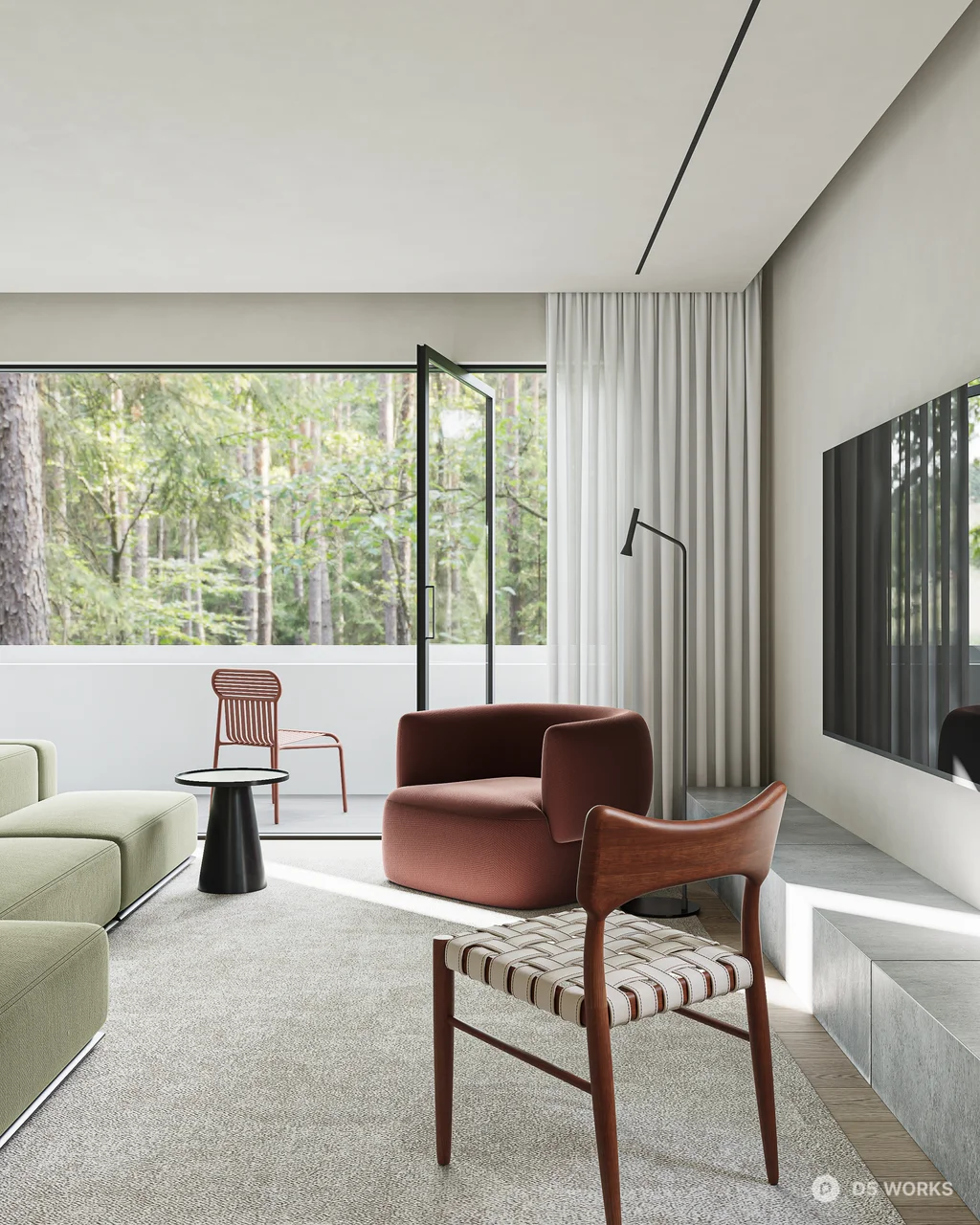Minimalist Living Dining Space with Green Sofa 3d model thumbnail 7