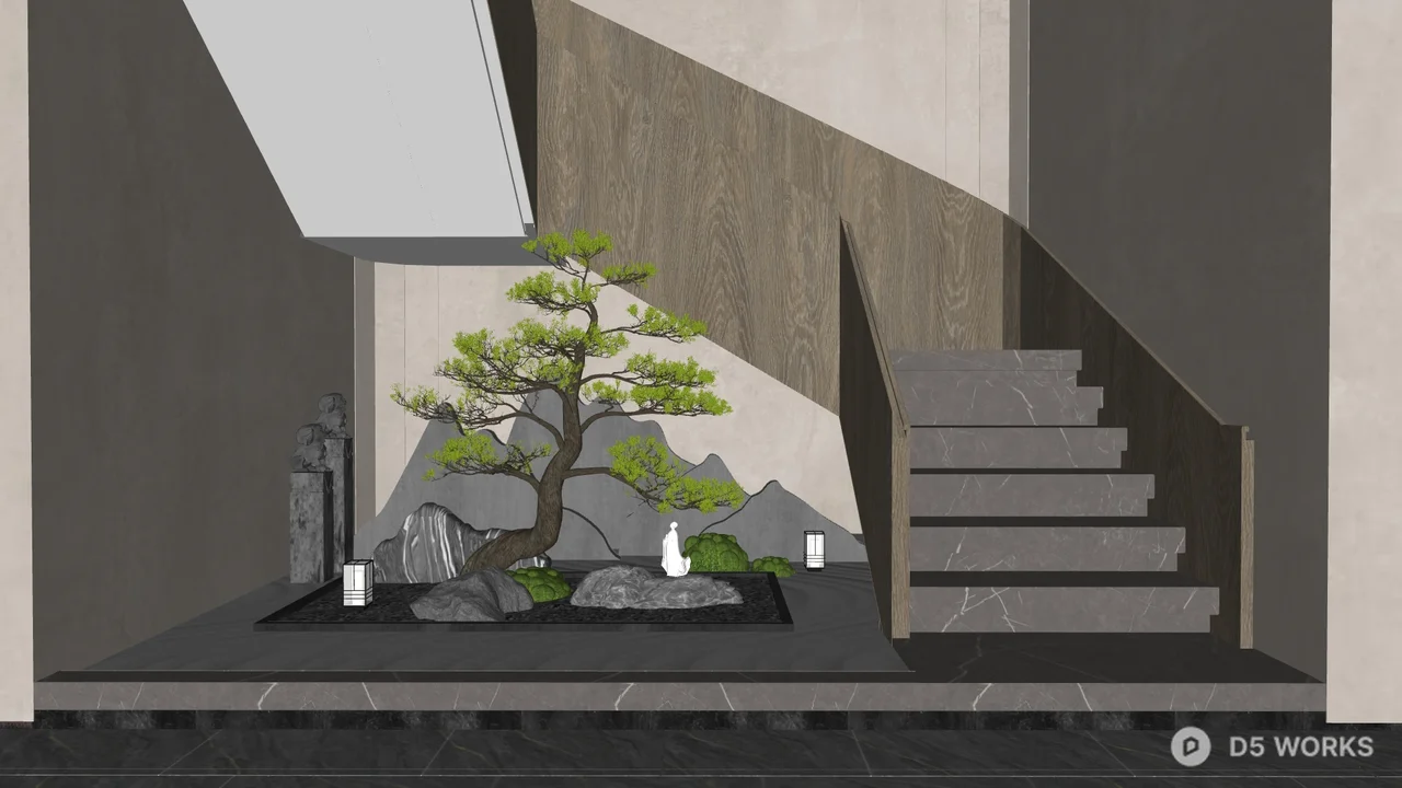 Minimalist Staircase With Bonsai Display 3d model - Image 1